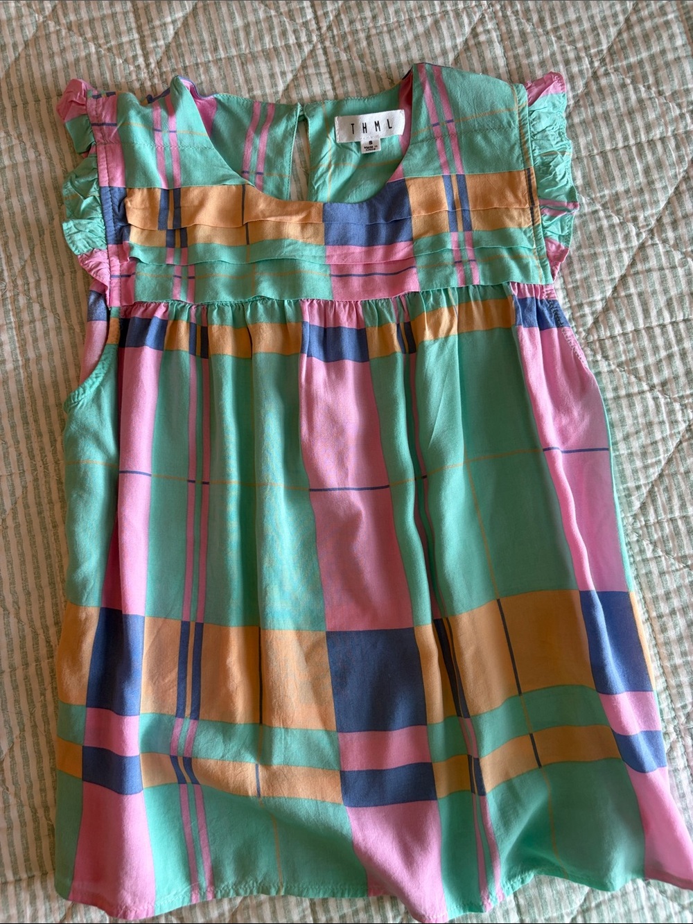 THML Mint, Pink & Gold Plaid Ruffle Sleeve Top